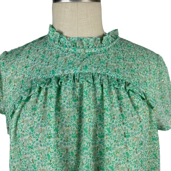 JOIE Pastel Green Cap Sleeve Metallic Floral Popover Blouse Women's XL Top - Picture 4 of 8